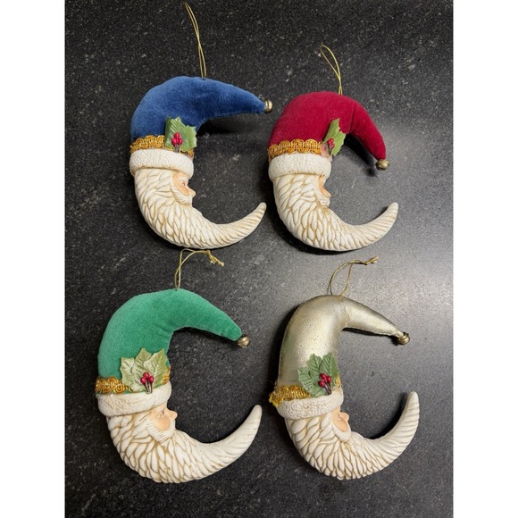 The Unbranded Brand Other - Vintage Set of 4 Porcelain Santa Face Christmas Ornaments Flocked Hats 5"